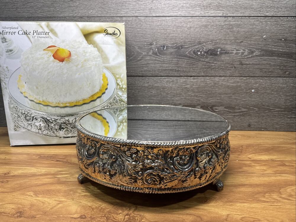 Studio Silversmiths Silver Plated Mirror 12in Round Floral Cake Stand